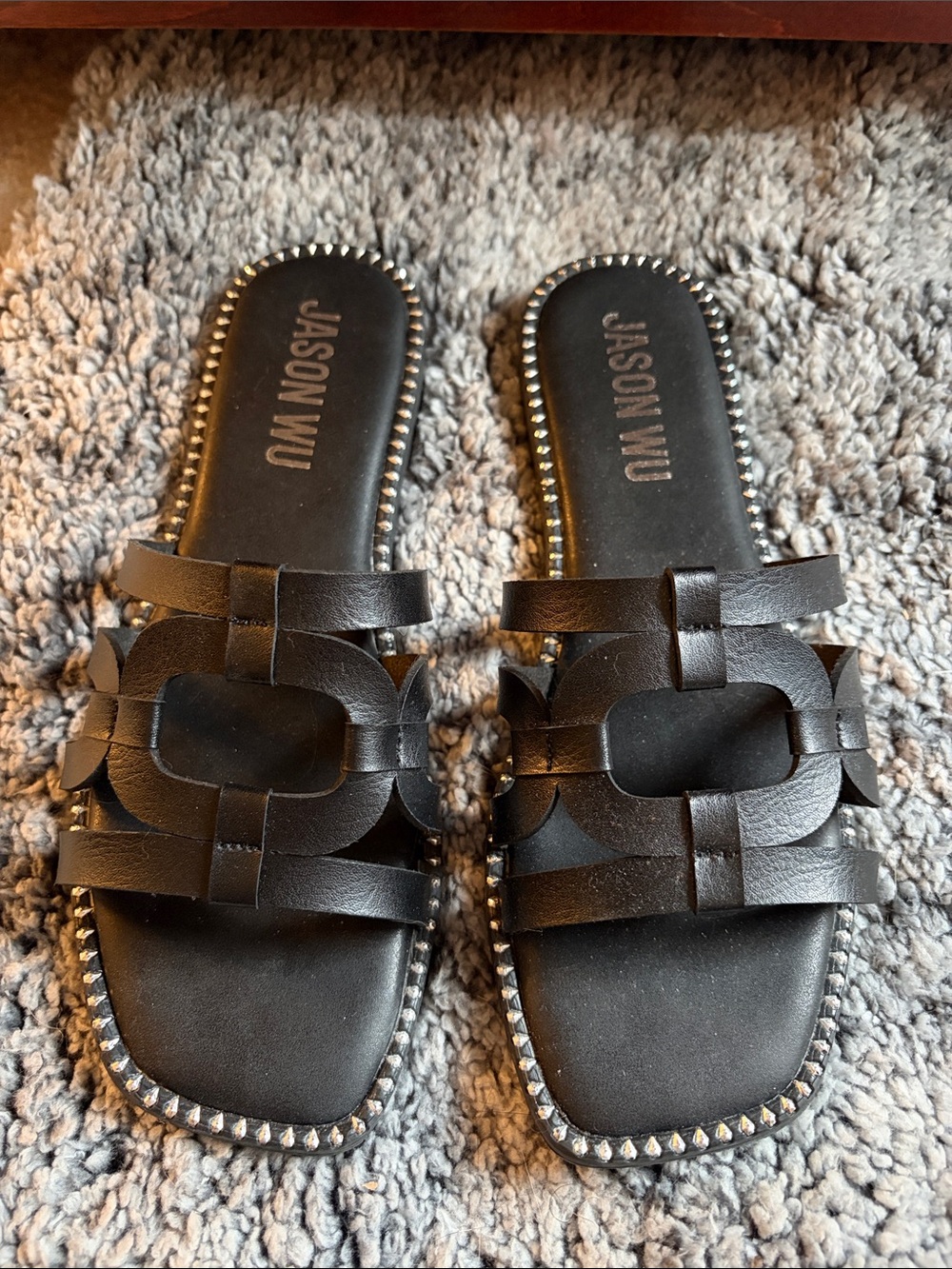 Jason Wu Black Leather Slide Sandals with Stud Trim